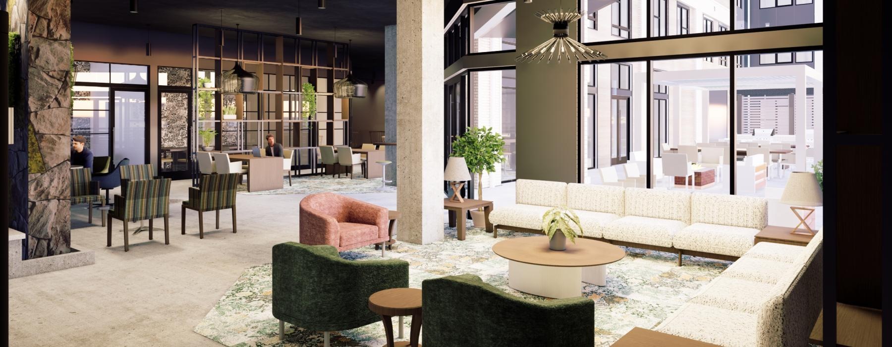 a room with a couch and chairs