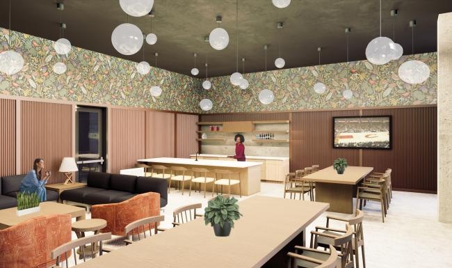 a room with tables and chairs