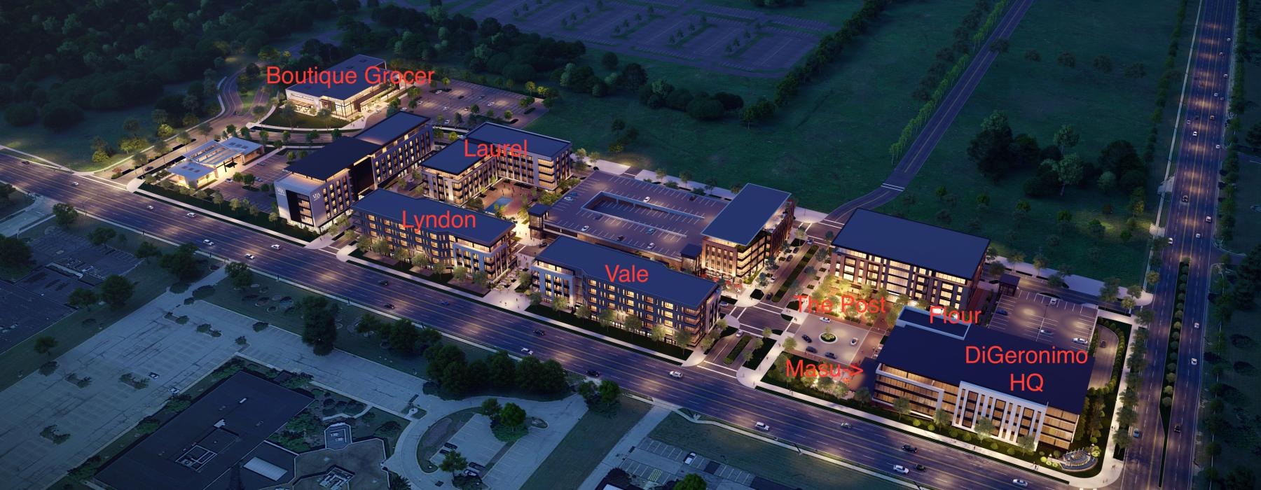 top view of a property at night