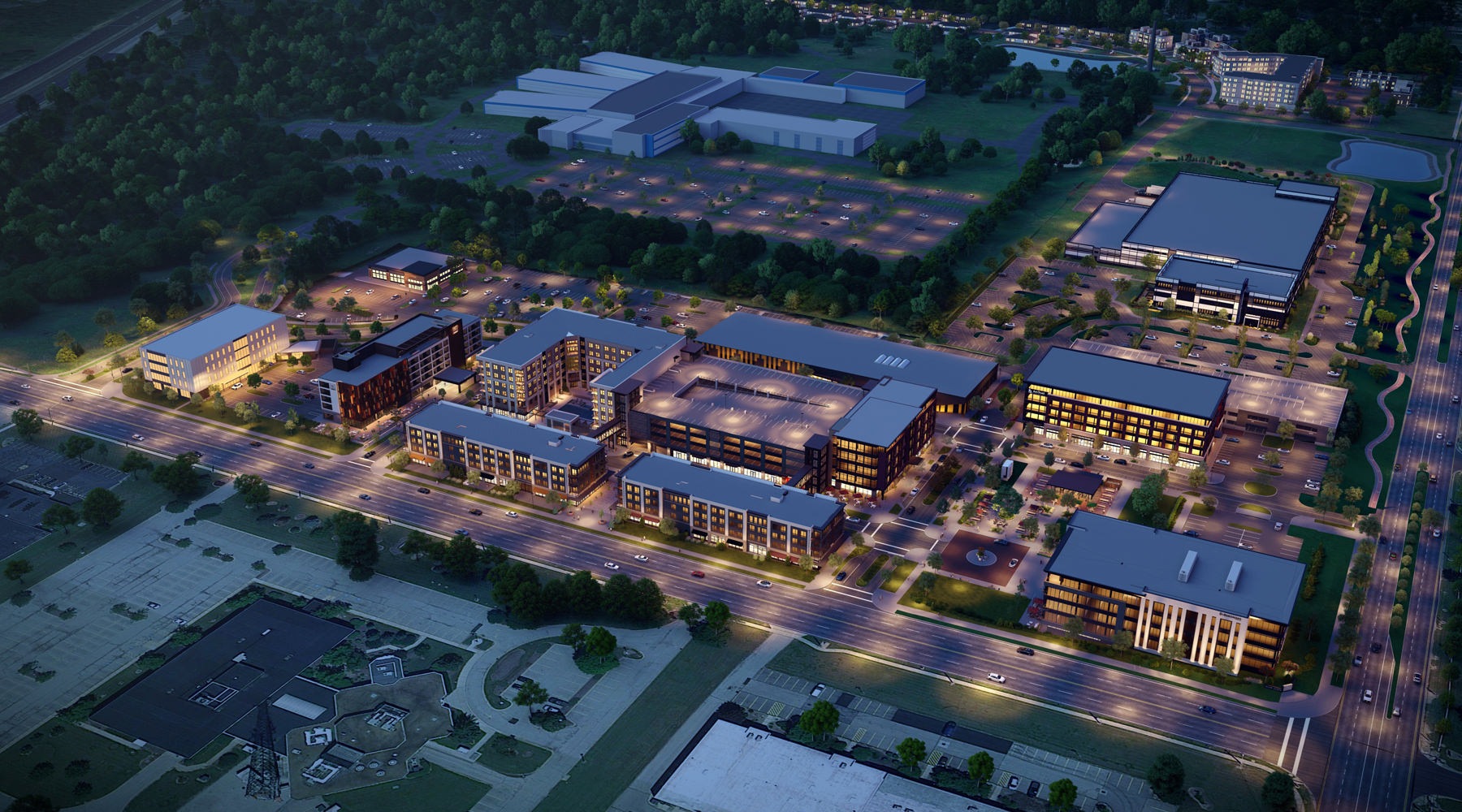 top view of a property at night