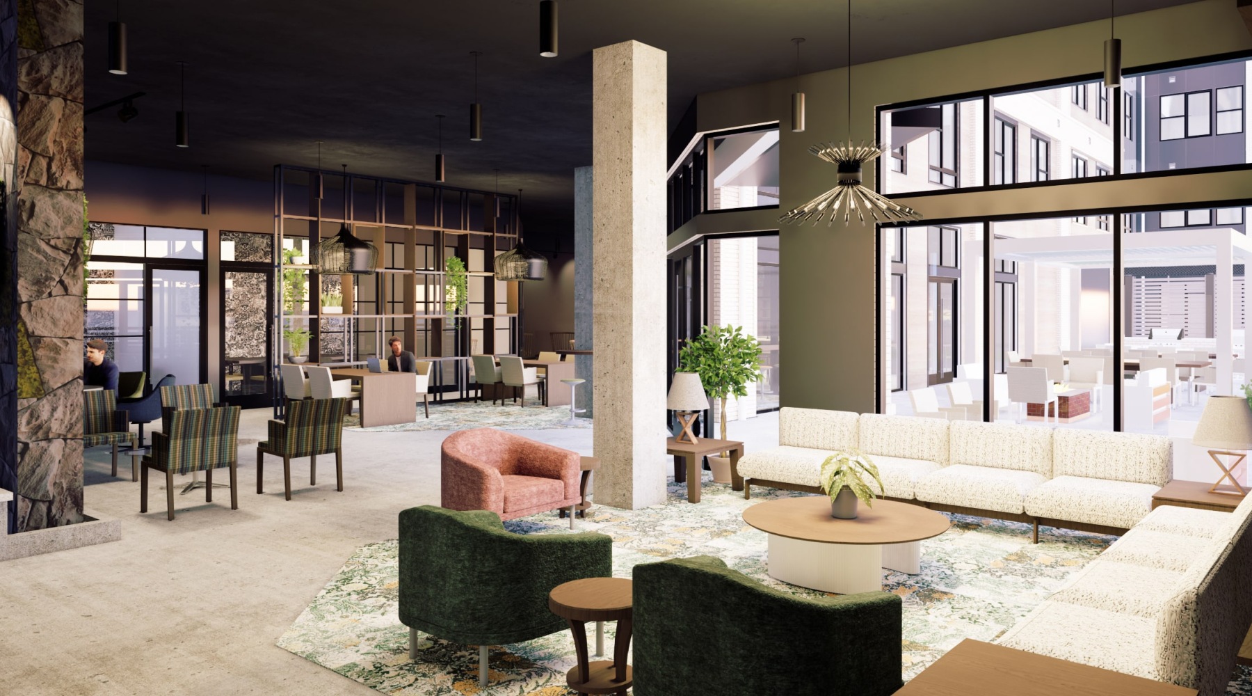 lounge area with modern decor and ample seating