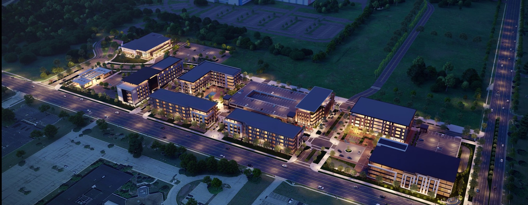 top view of a property at night