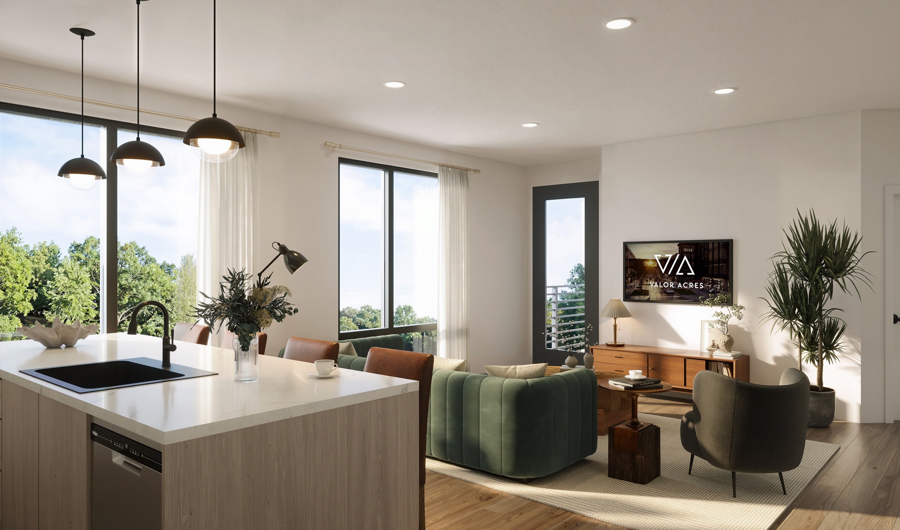 a living room with a couch and large window