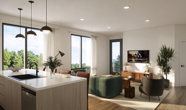 kitchen island overlooking a living room